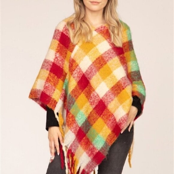 MULTI COLOR PLAID PRINT PONCHO - SOFT - Picture 2 of 8